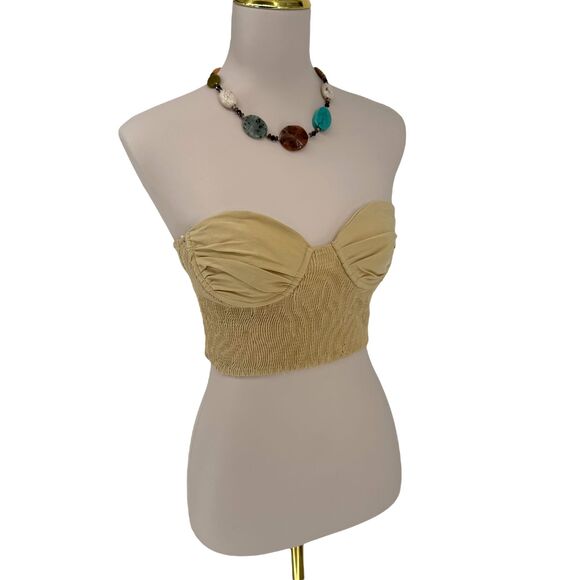 Zara Bustier Crop Top MEDIUM Beige Linen Blend Wire Corset Sweetheart Smocked - Picture 6 of 14